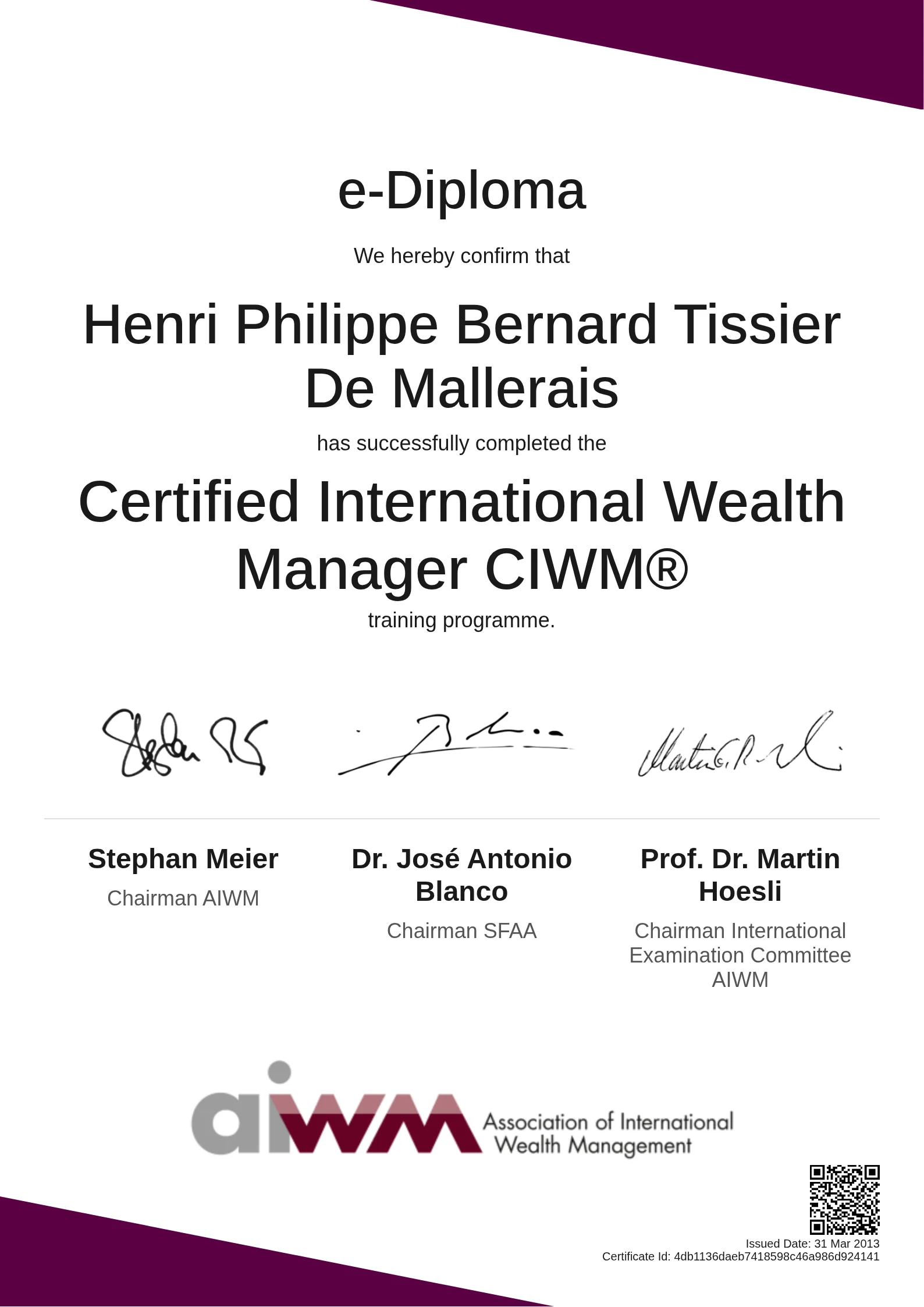 Henri Philippe Bernard Tissier De Mallerais | Certified International Wealth Manager CIWM®