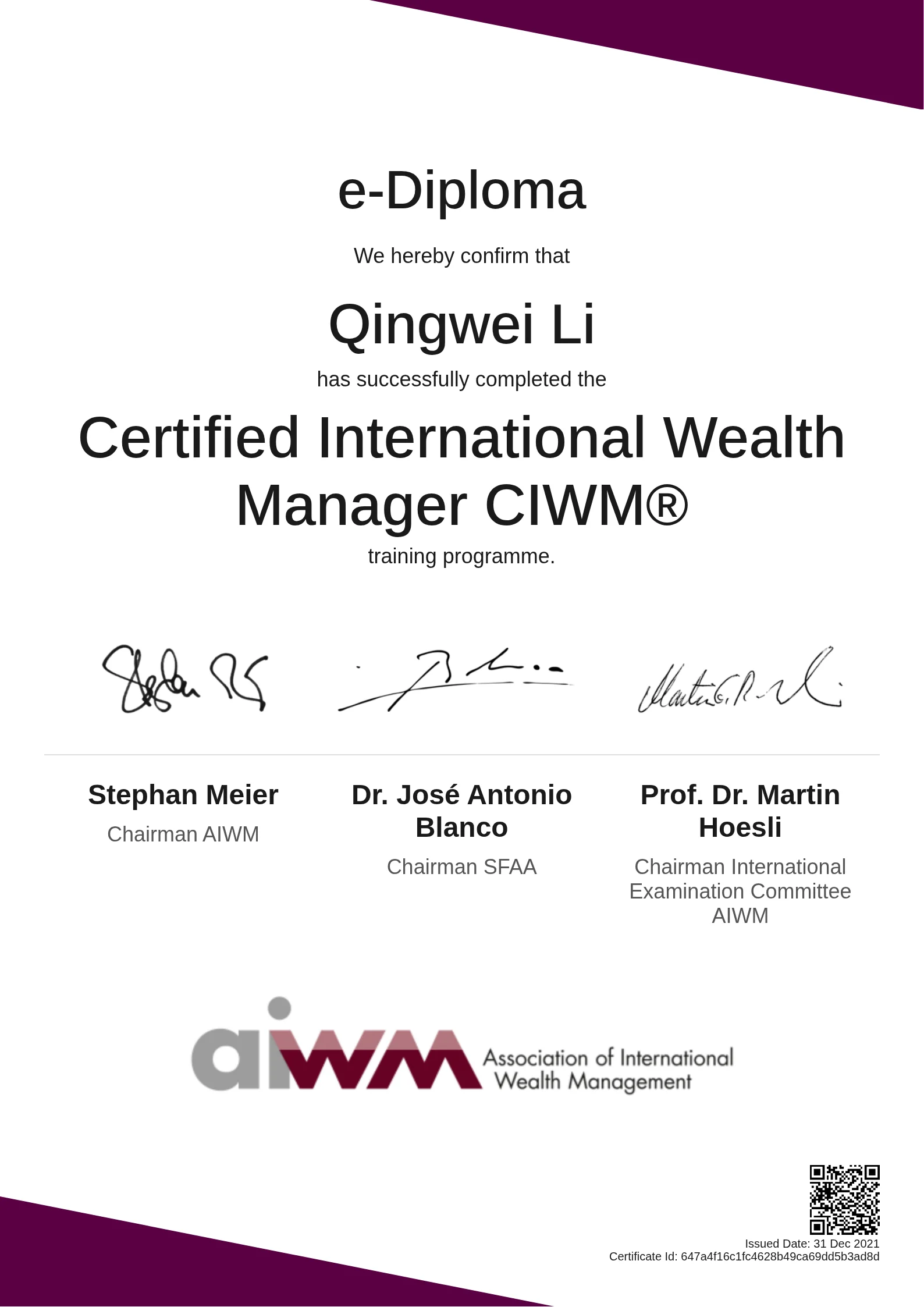 Qingwei Li | Certified International Wealth Manager CIWM®