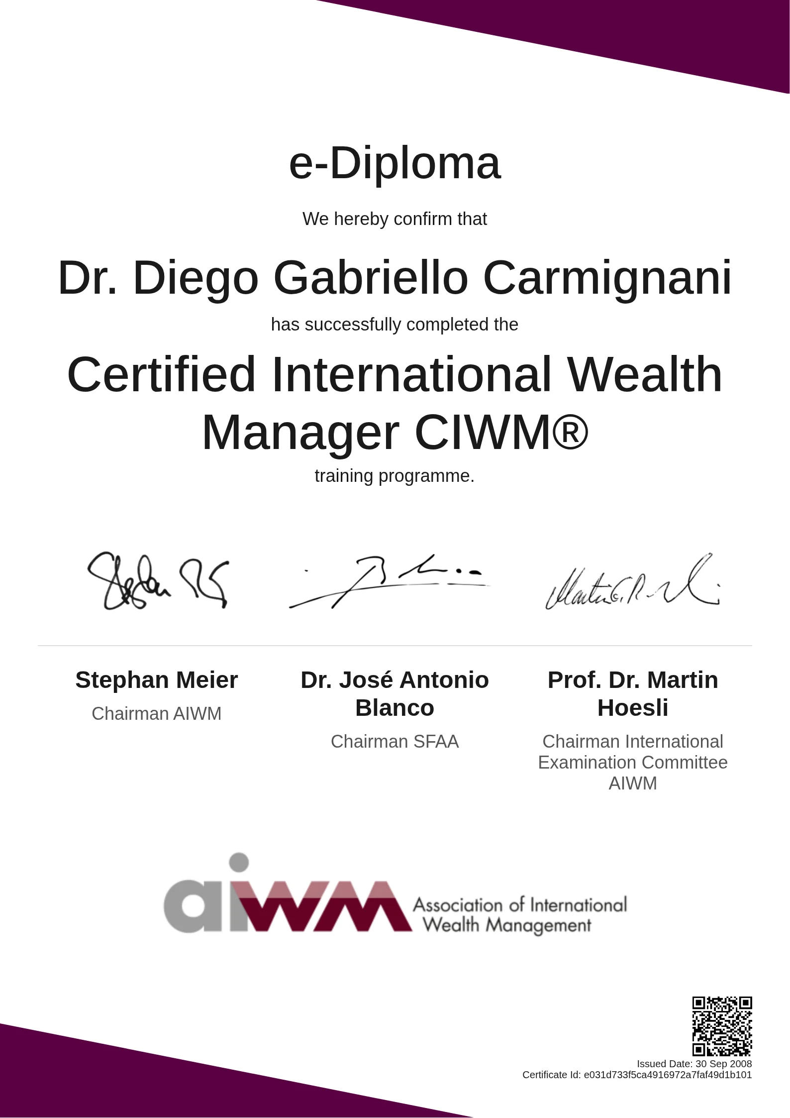 Dr. Diego Gabriello Carmignani | Certified International Wealth Manager CIWM®