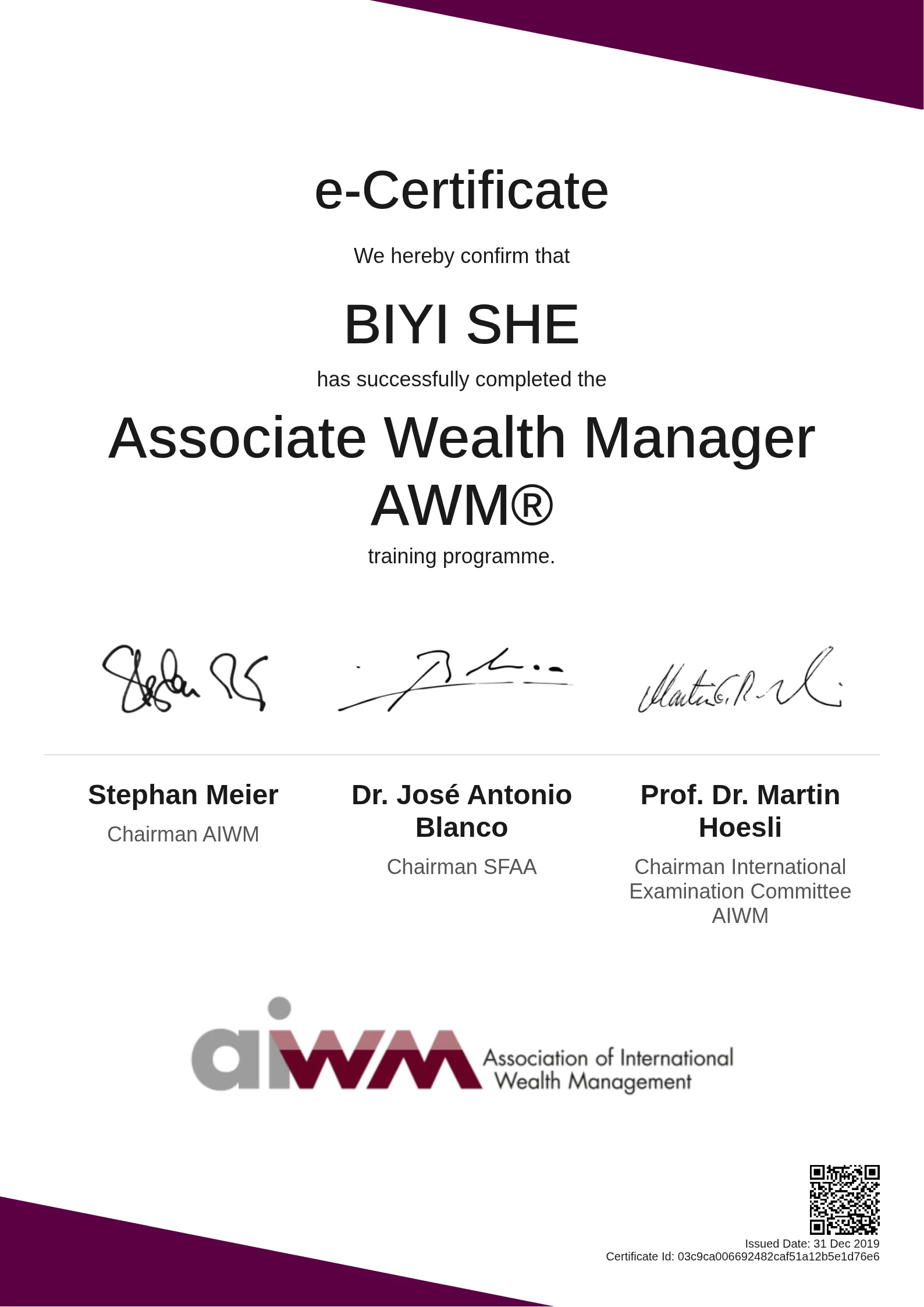  BIYI SHE | Associate Wealth Manager AWM®