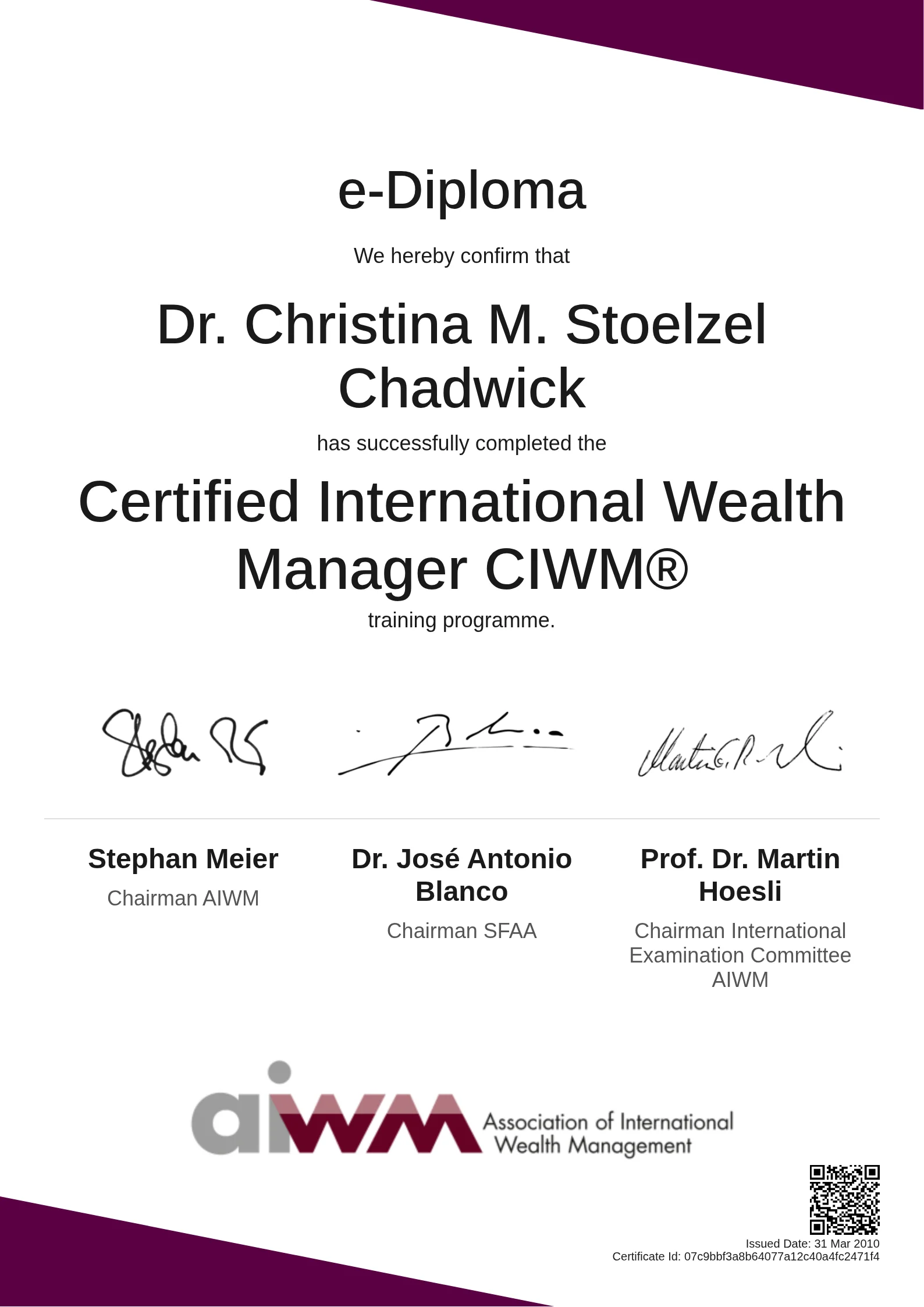 Dr. Christina M. Stoelzel Chadwick | Certified International Wealth Manager CIWM®