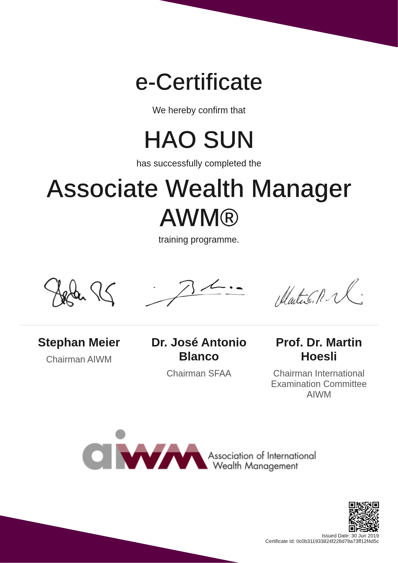  HAO SUN | Associate Wealth Manager AWM®