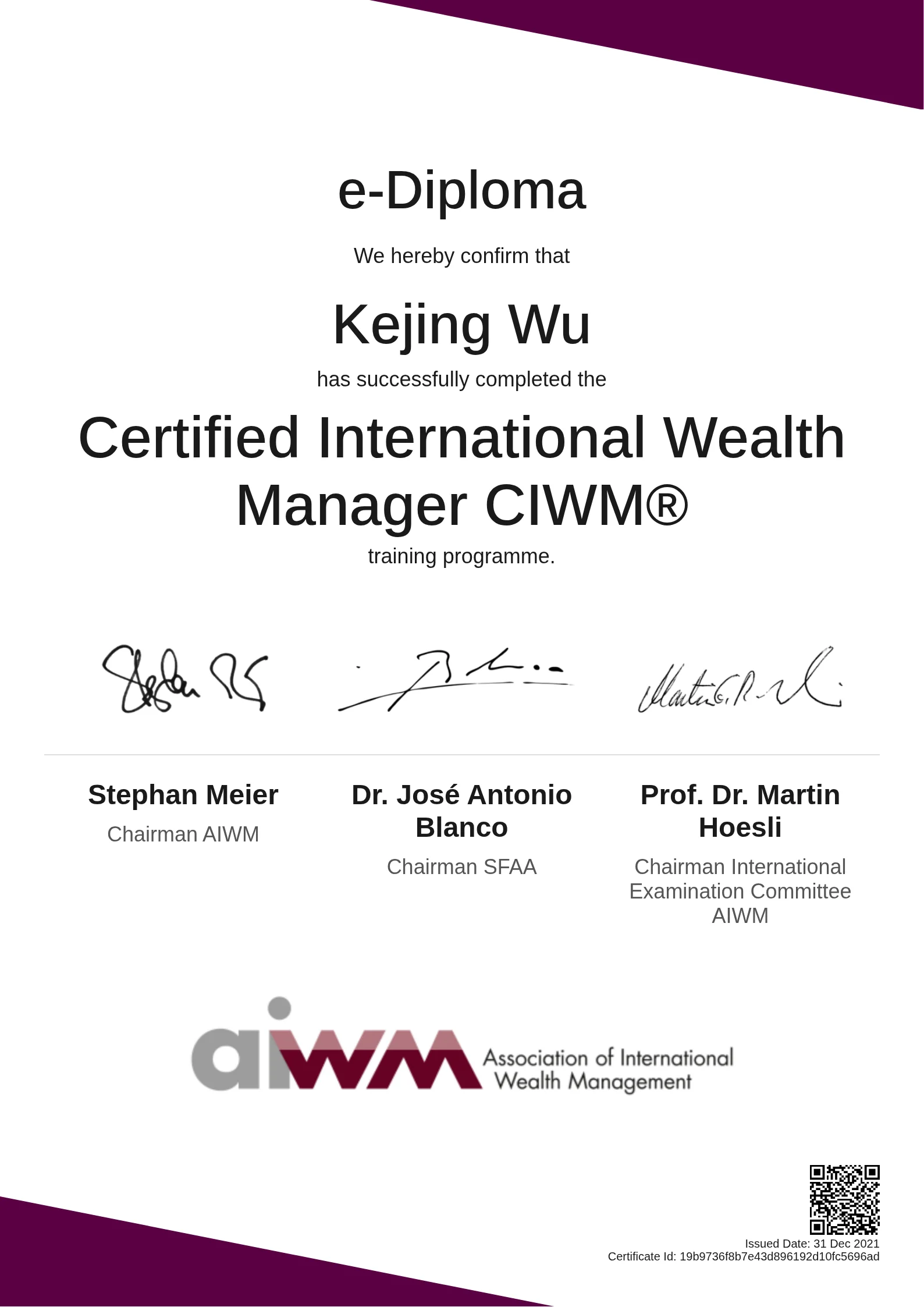  Kejing Wu | Certified International Wealth Manager CIWM®