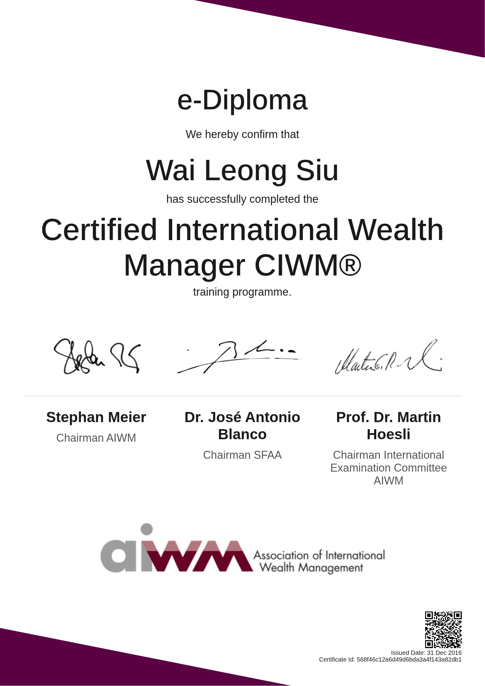  Wai Leong Siu | Certified International Wealth Manager CIWM®