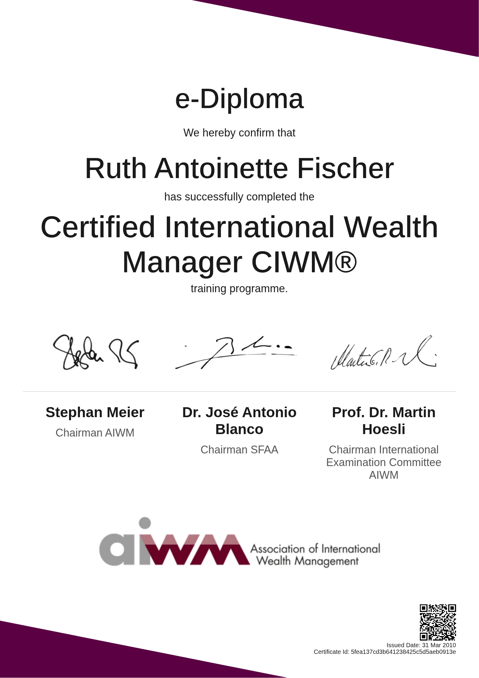  Ruth Antoinette Fischer | Certified International Wealth Manager CIWM®