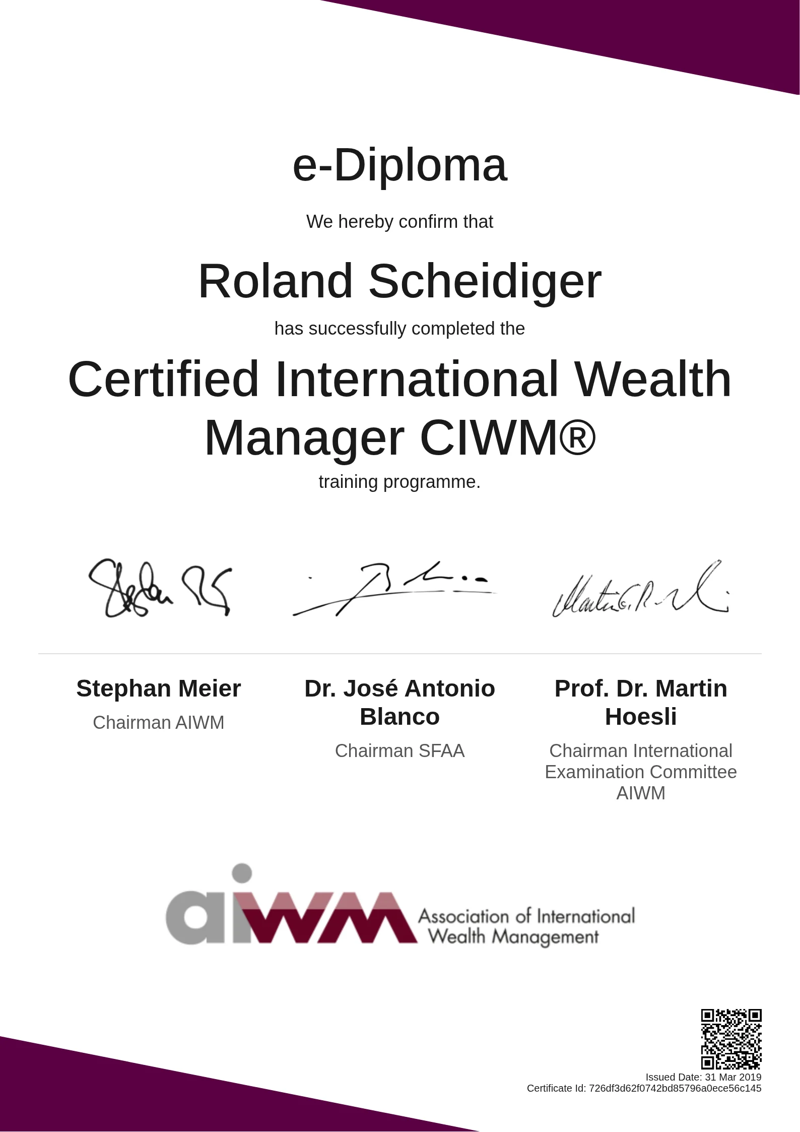  Roland Scheidiger | Certified International Wealth Manager CIWM®
