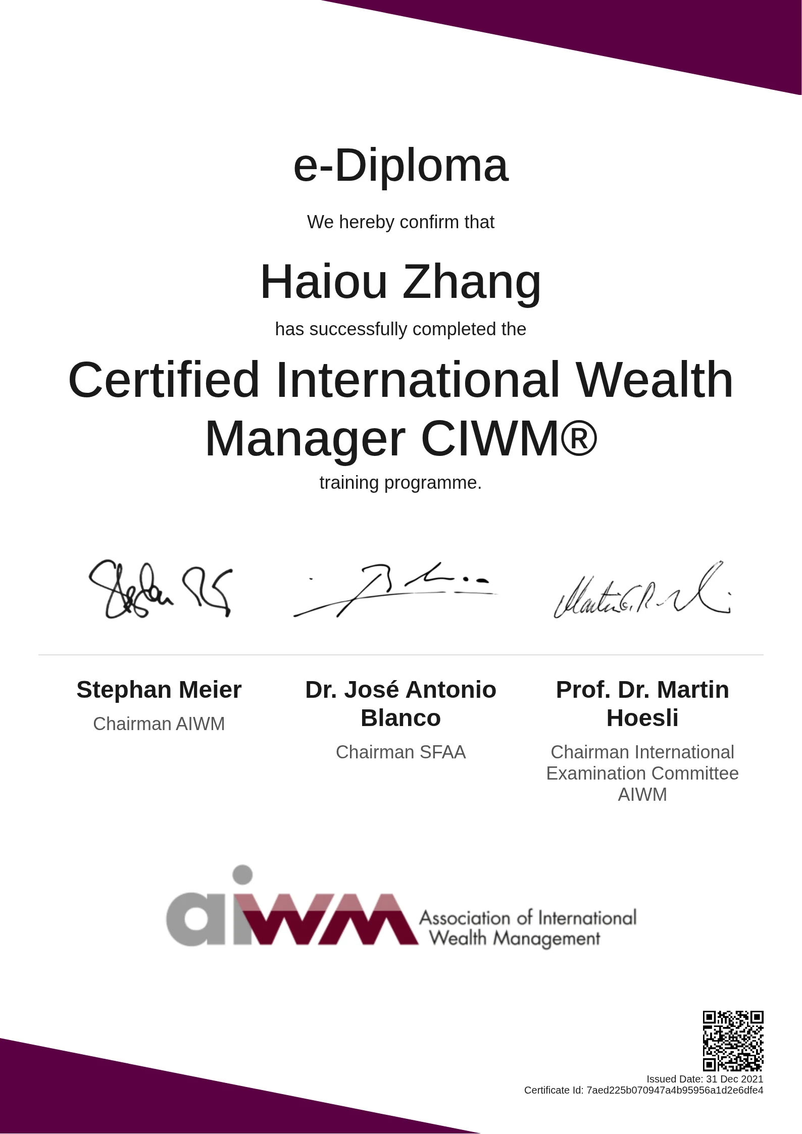  Haiou Zhang | Certified International Wealth Manager CIWM®