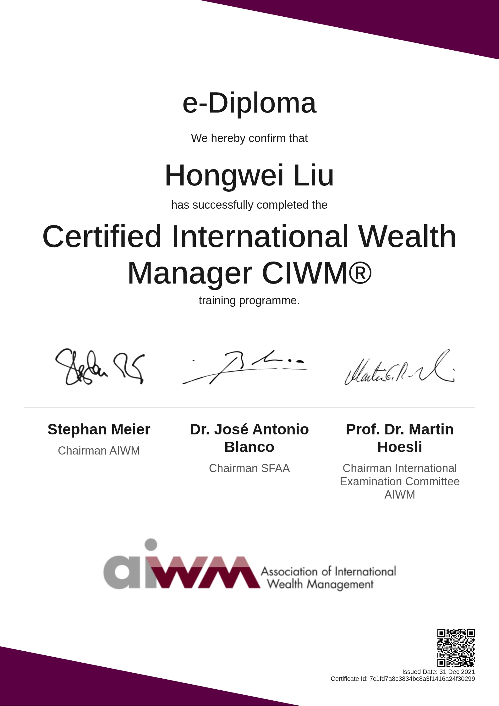  Hongwei Liu | Certified International Wealth Manager CIWM®
