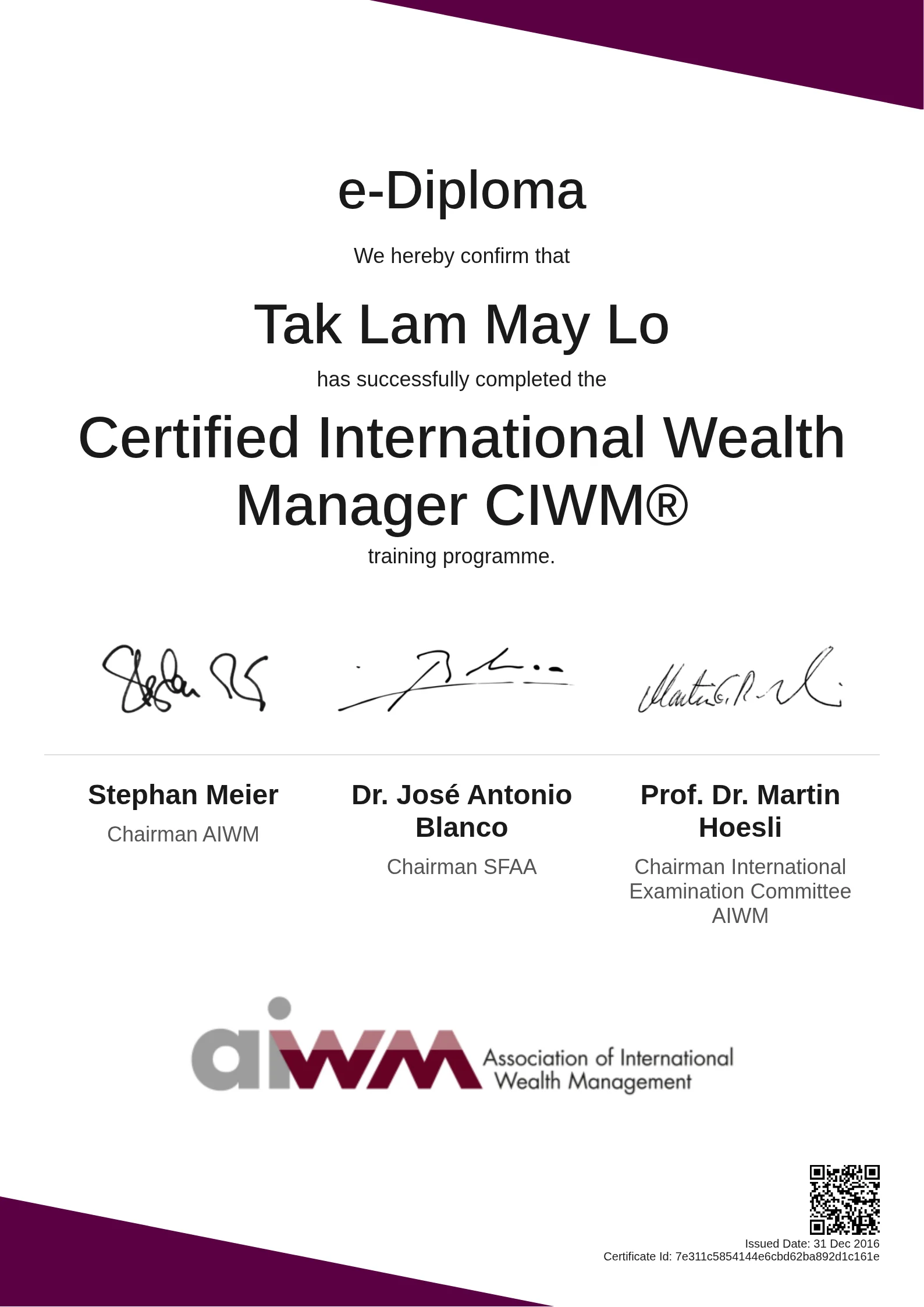  Tak Lam May Lo | Certified International Wealth Manager CIWM®