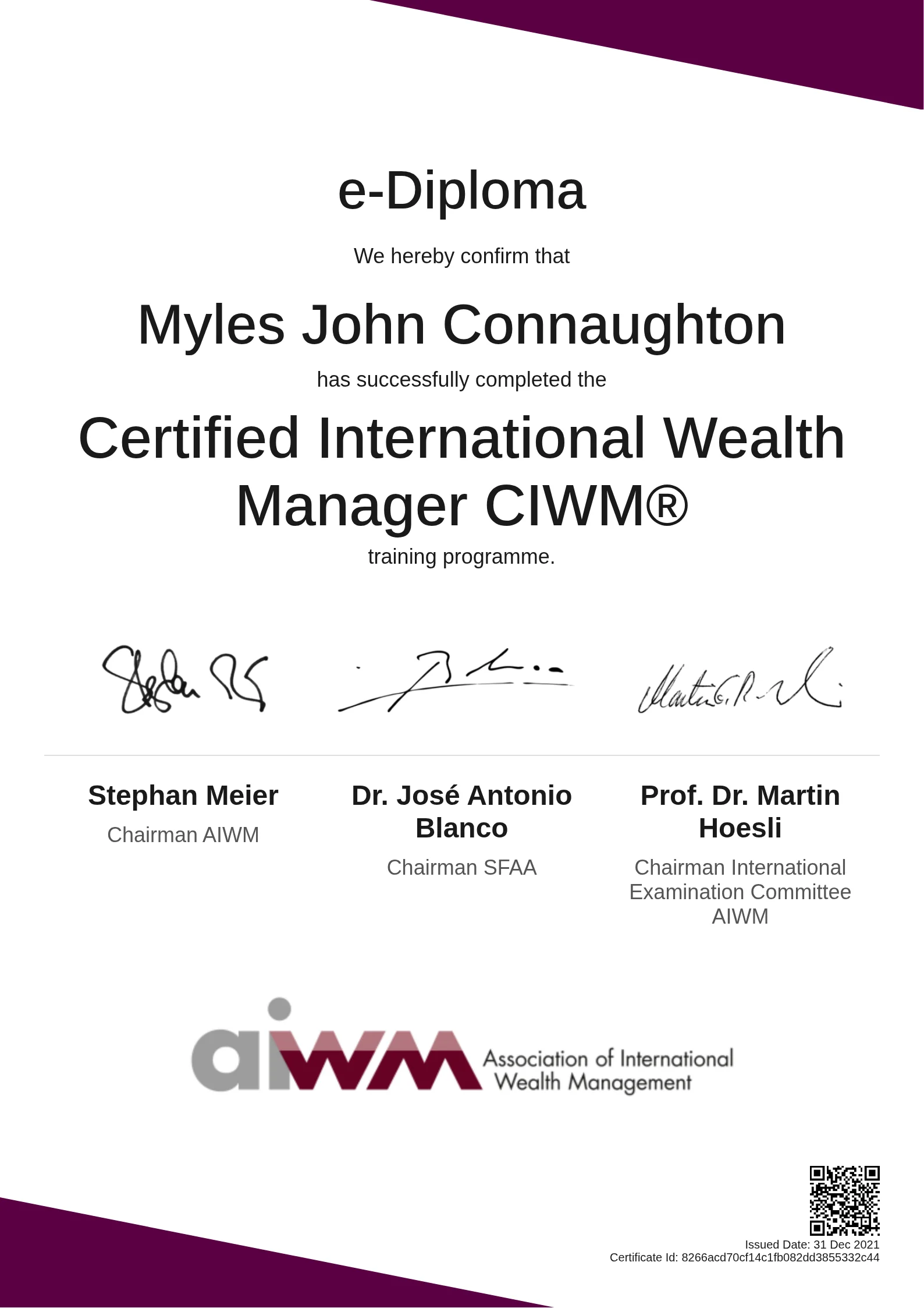  Myles John Connaughton | Certified International Wealth Manager CIWM®