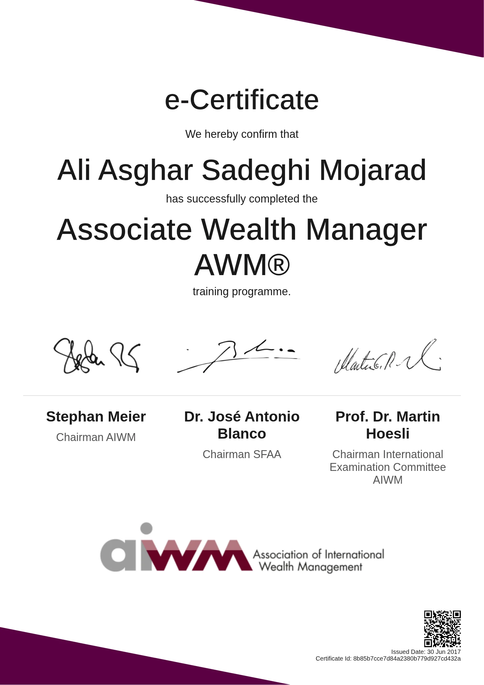  Ali Asghar Sadeghi Mojarad | Associate Wealth Manager AWM®