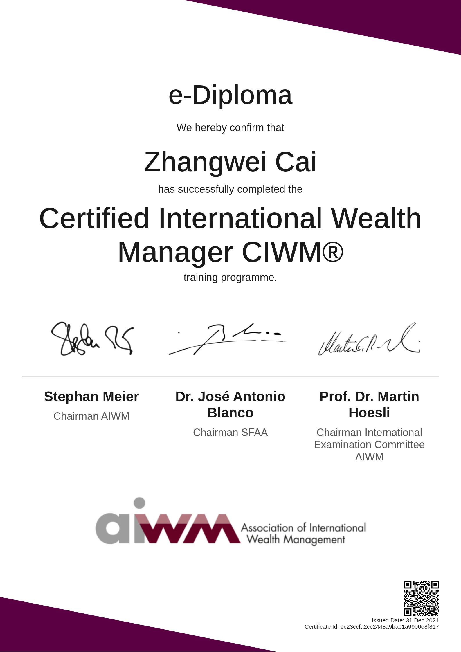  Zhangwei Cai | Certified International Wealth Manager CIWM®