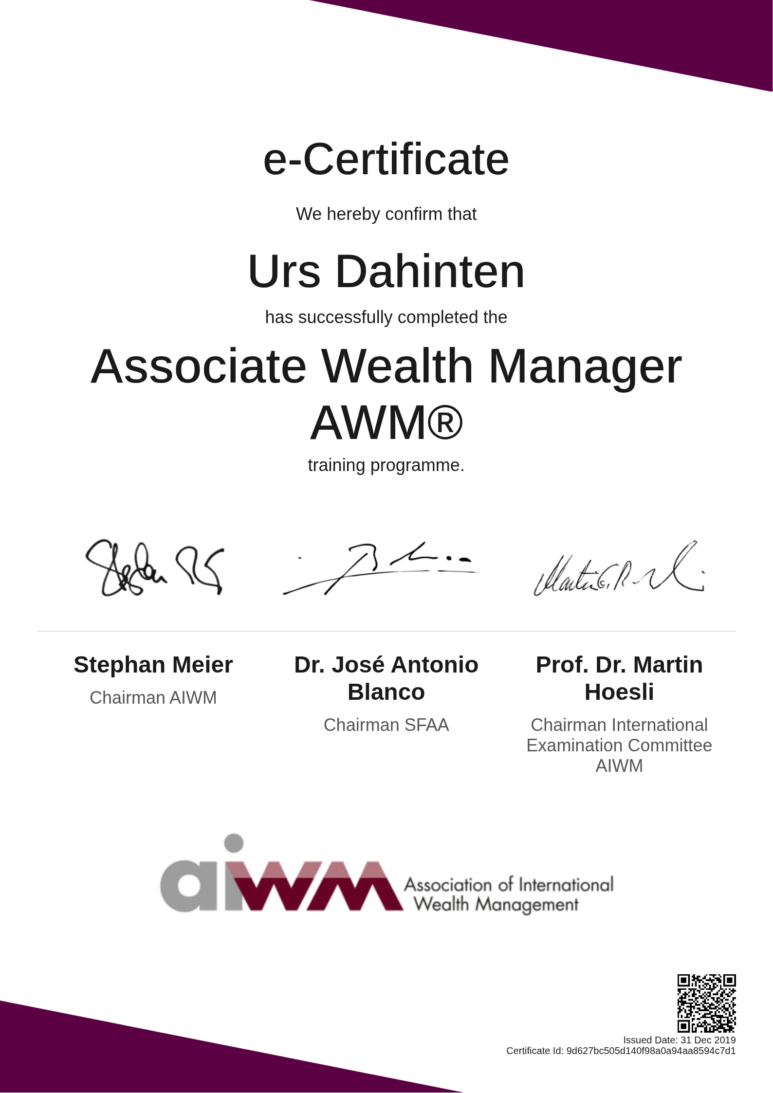  Urs Dahinten | Associate Wealth Manager AWM®