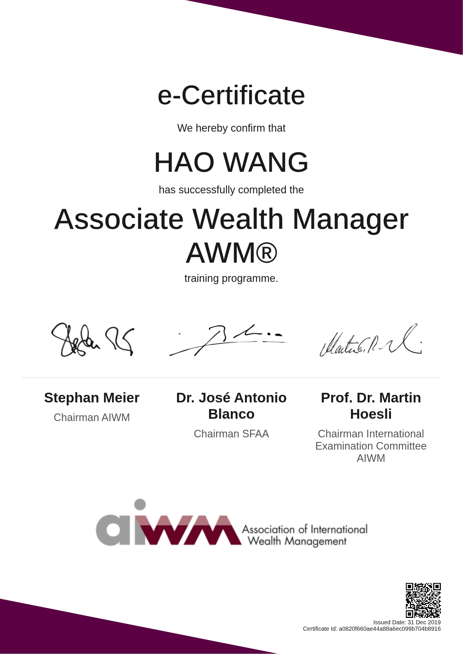  HAO WANG | Associate Wealth Manager AWM®