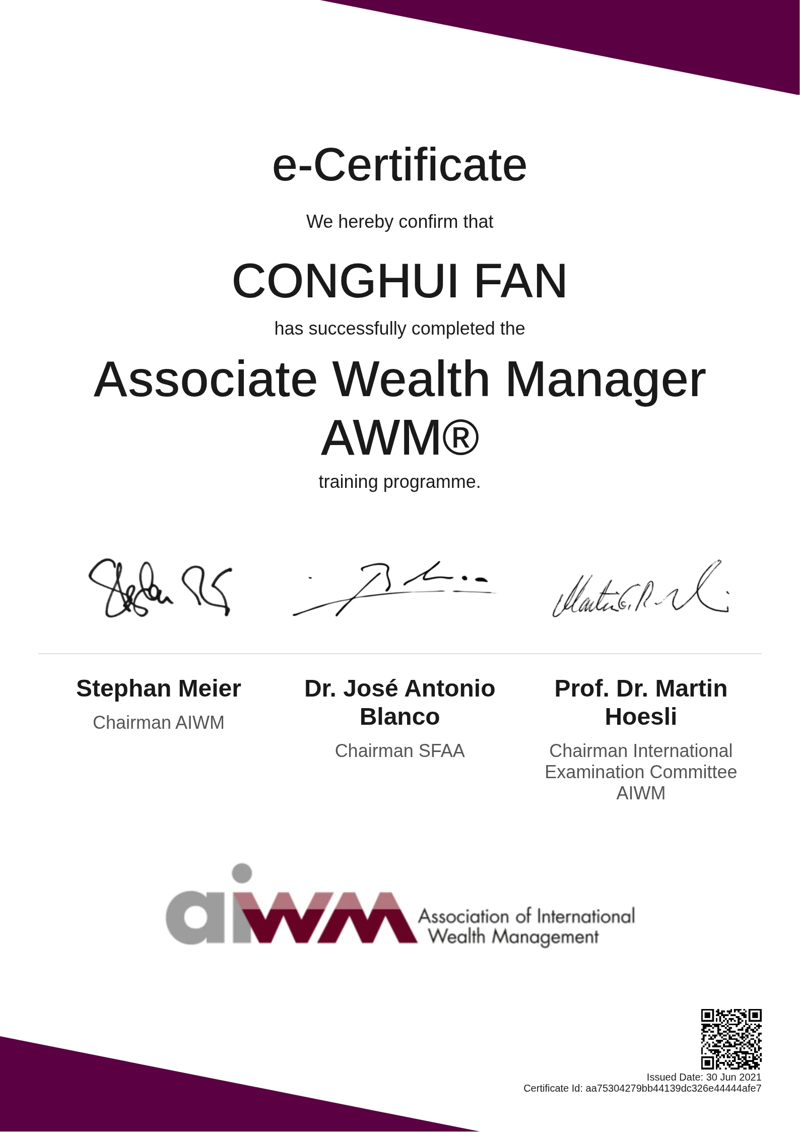  CONGHUI FAN | Associate Wealth Manager AWM®
