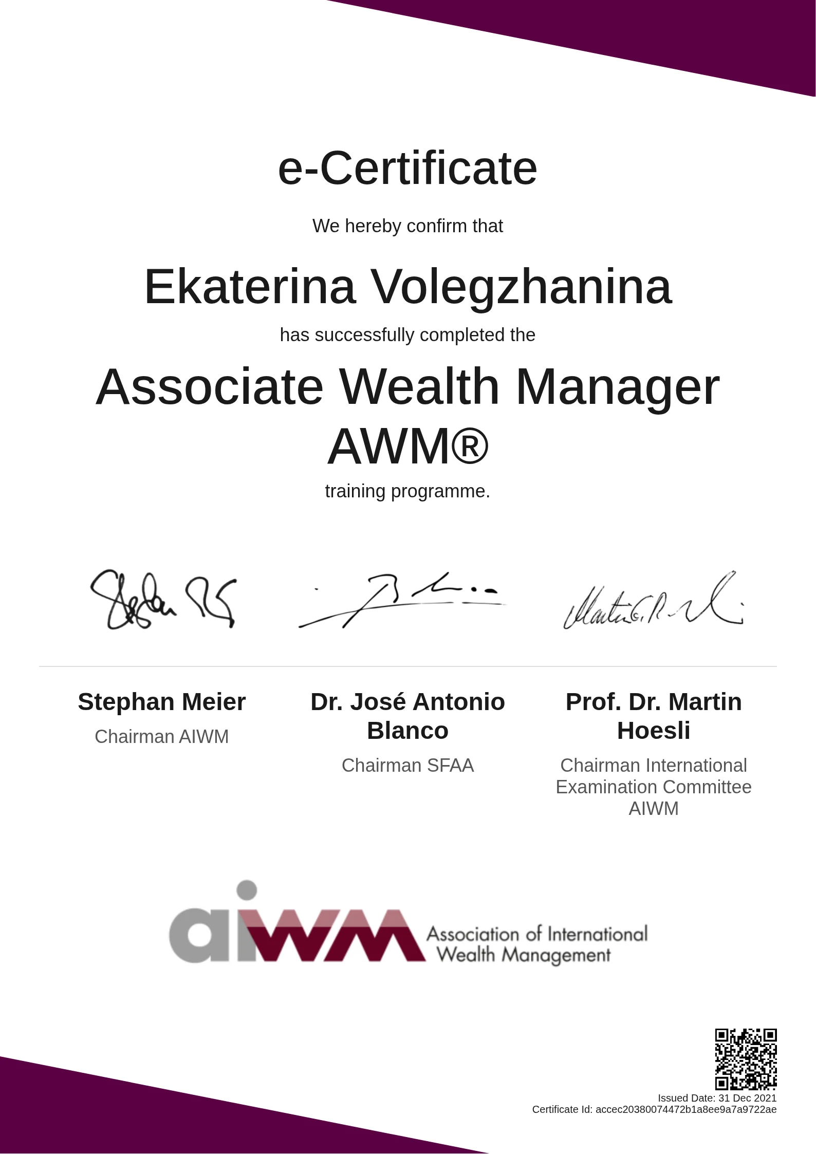  Ekaterina Volegzhanina | Associate Wealth Manager AWM®