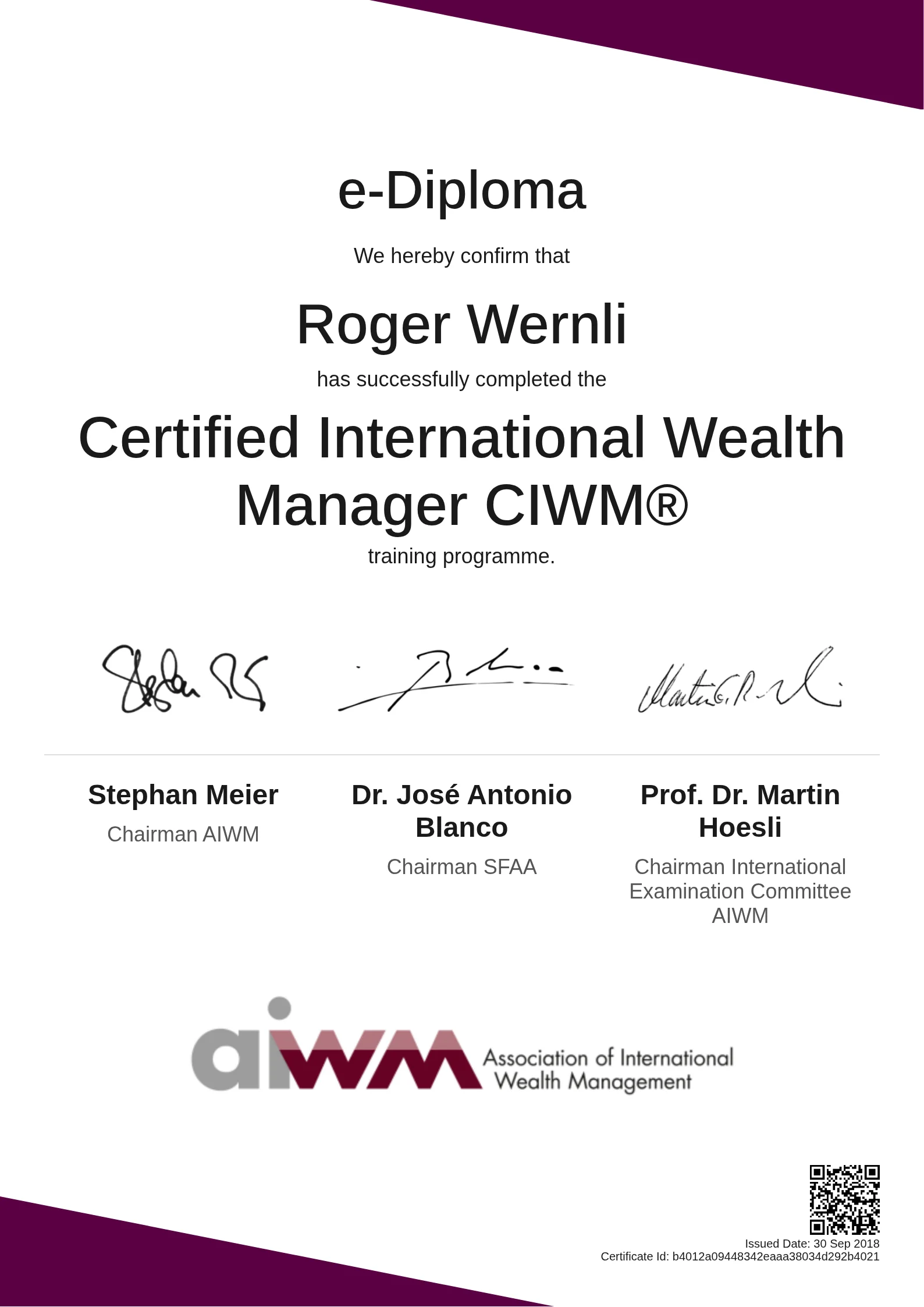  Roger Wernli | Certified International Wealth Manager CIWM®