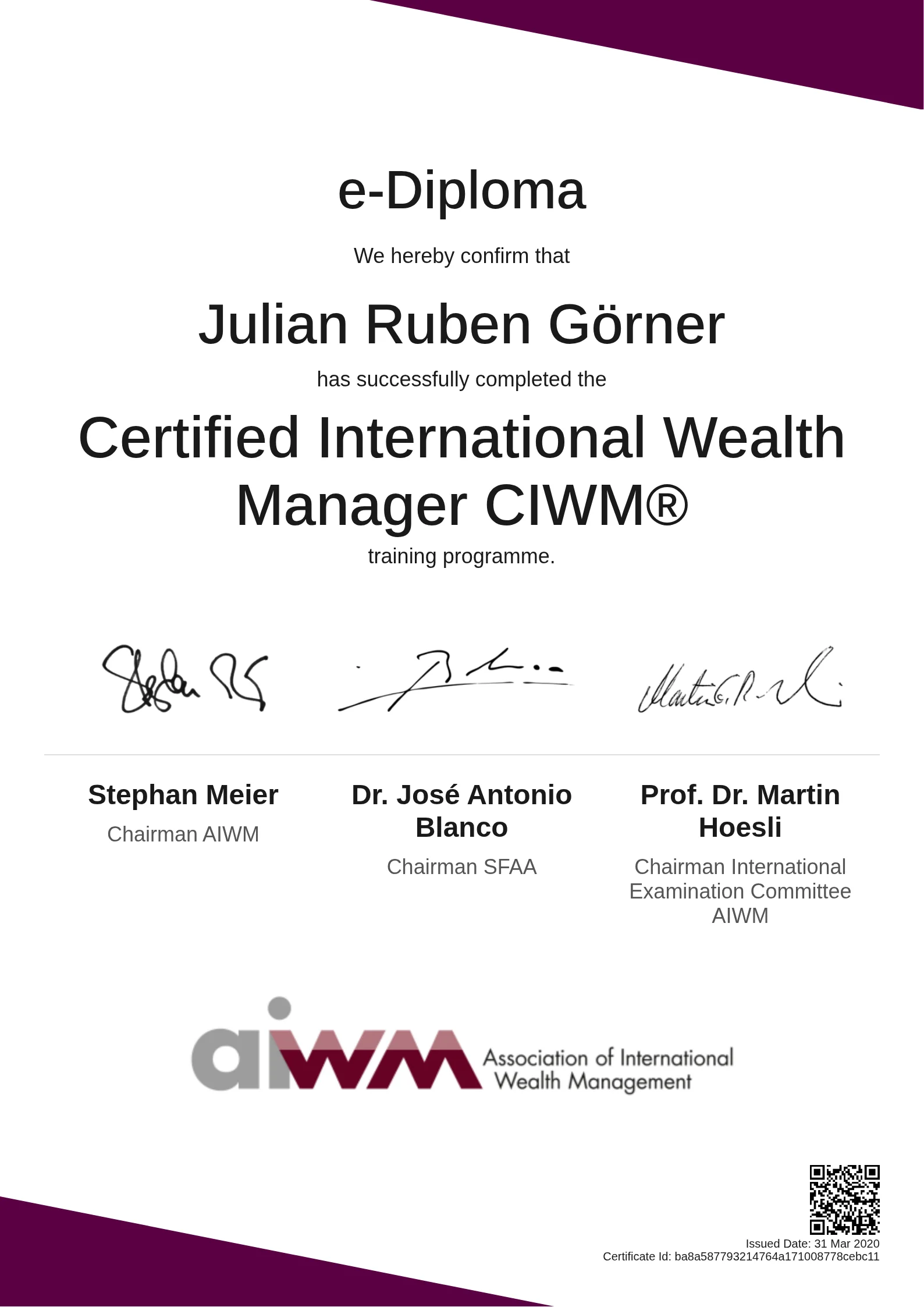  Julian Ruben Görner | Certified International Wealth Manager CIWM®