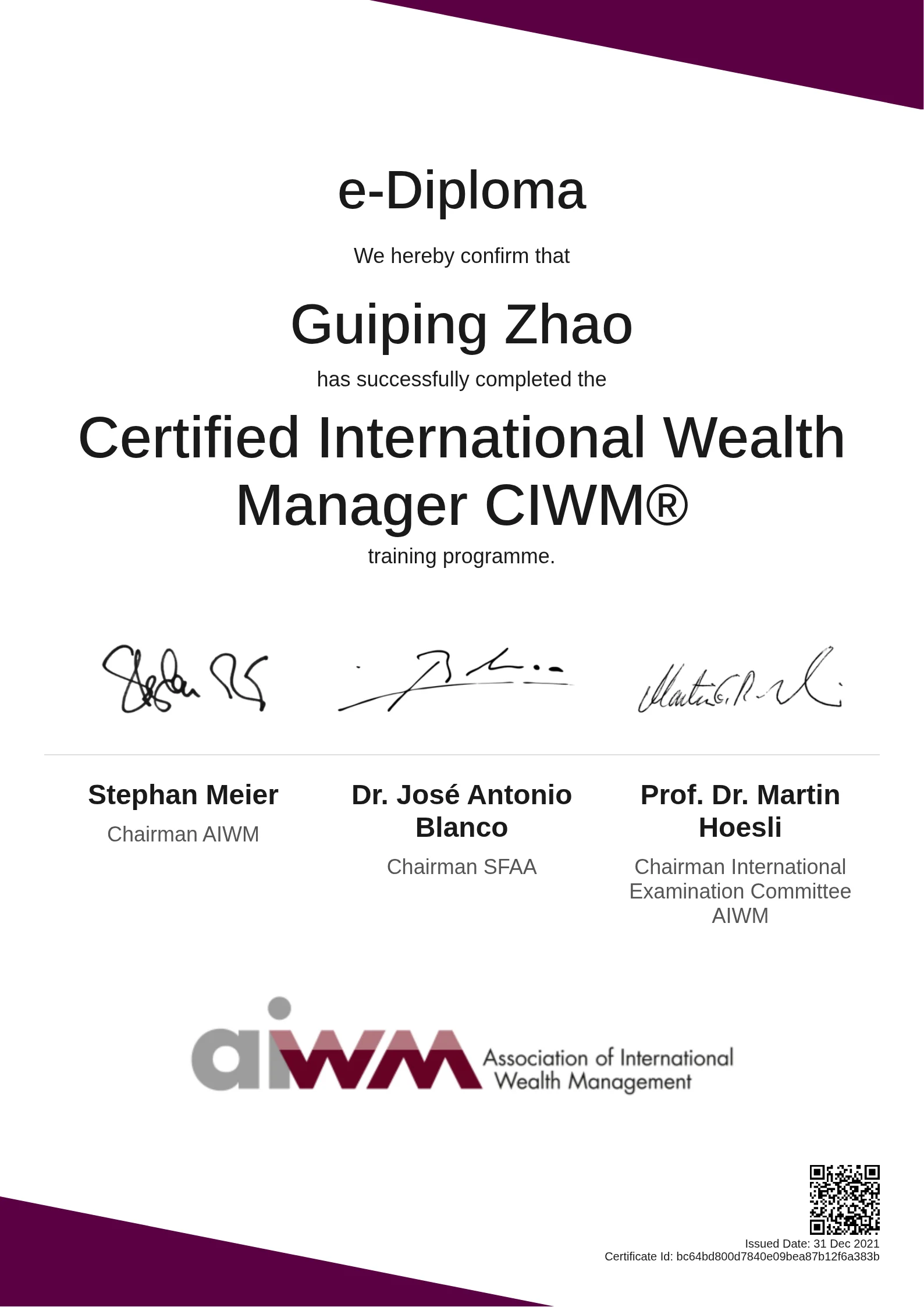  Guiping Zhao | Certified International Wealth Manager CIWM®
