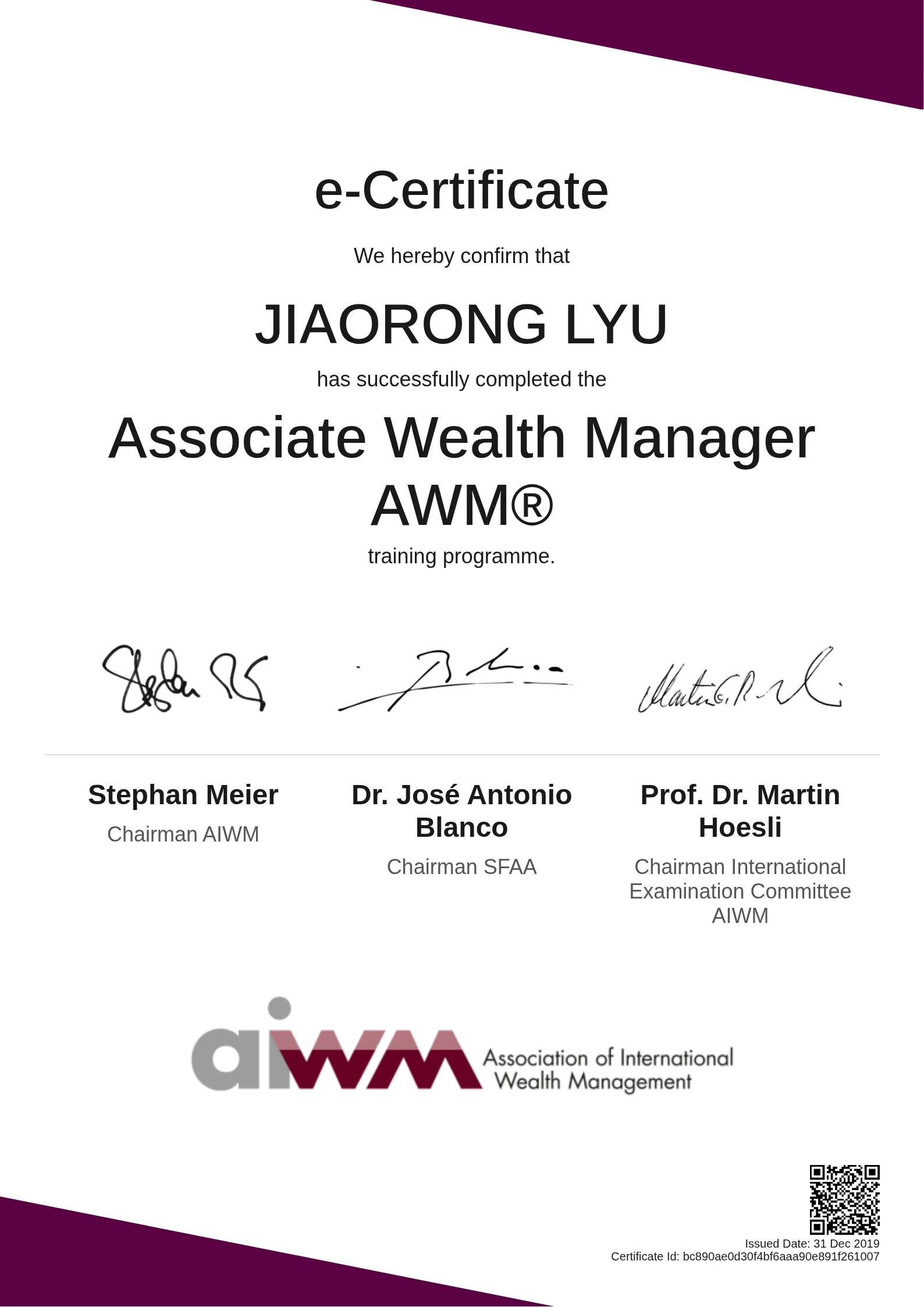  JIAORONG LYU | Associate Wealth Manager AWM®