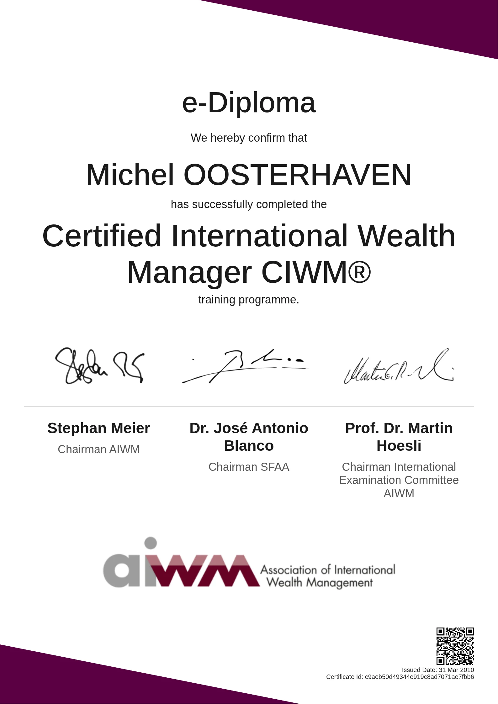  Michel OOSTERHAVEN | Certified International Wealth Manager CIWM®