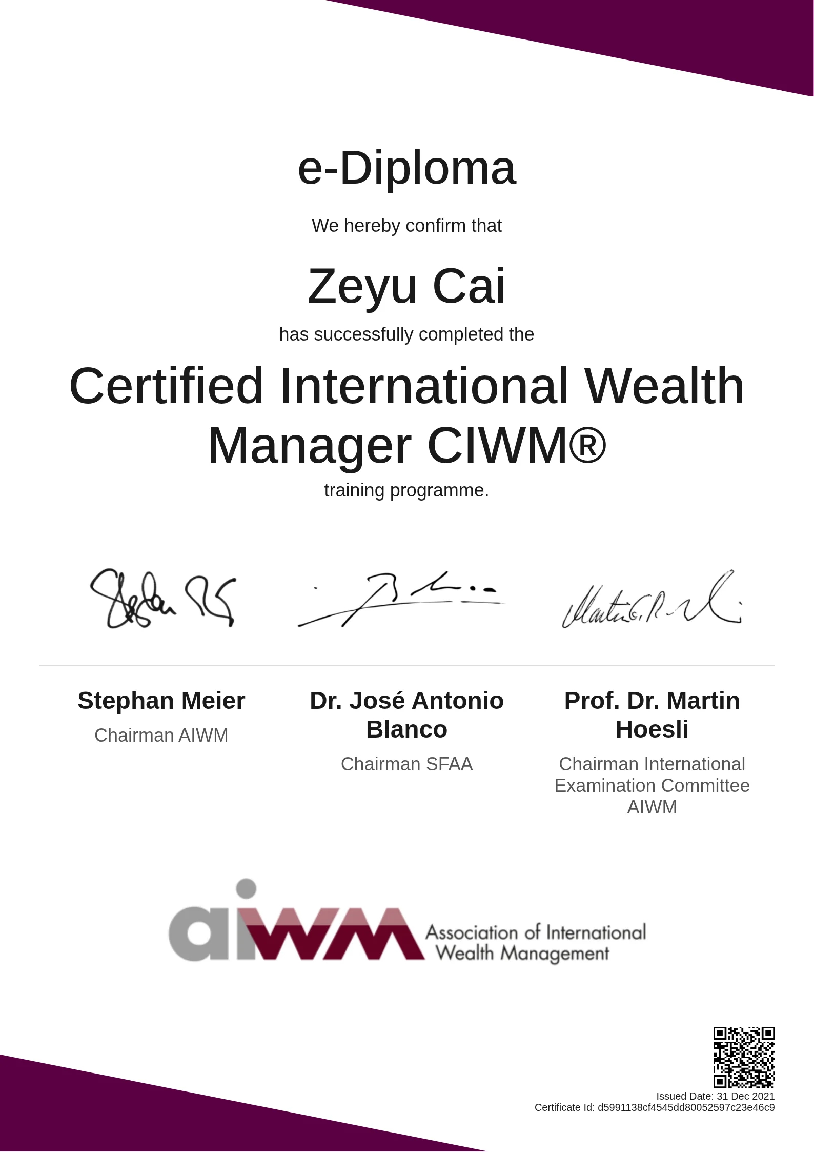  Zeyu Cai | Certified International Wealth Manager CIWM®