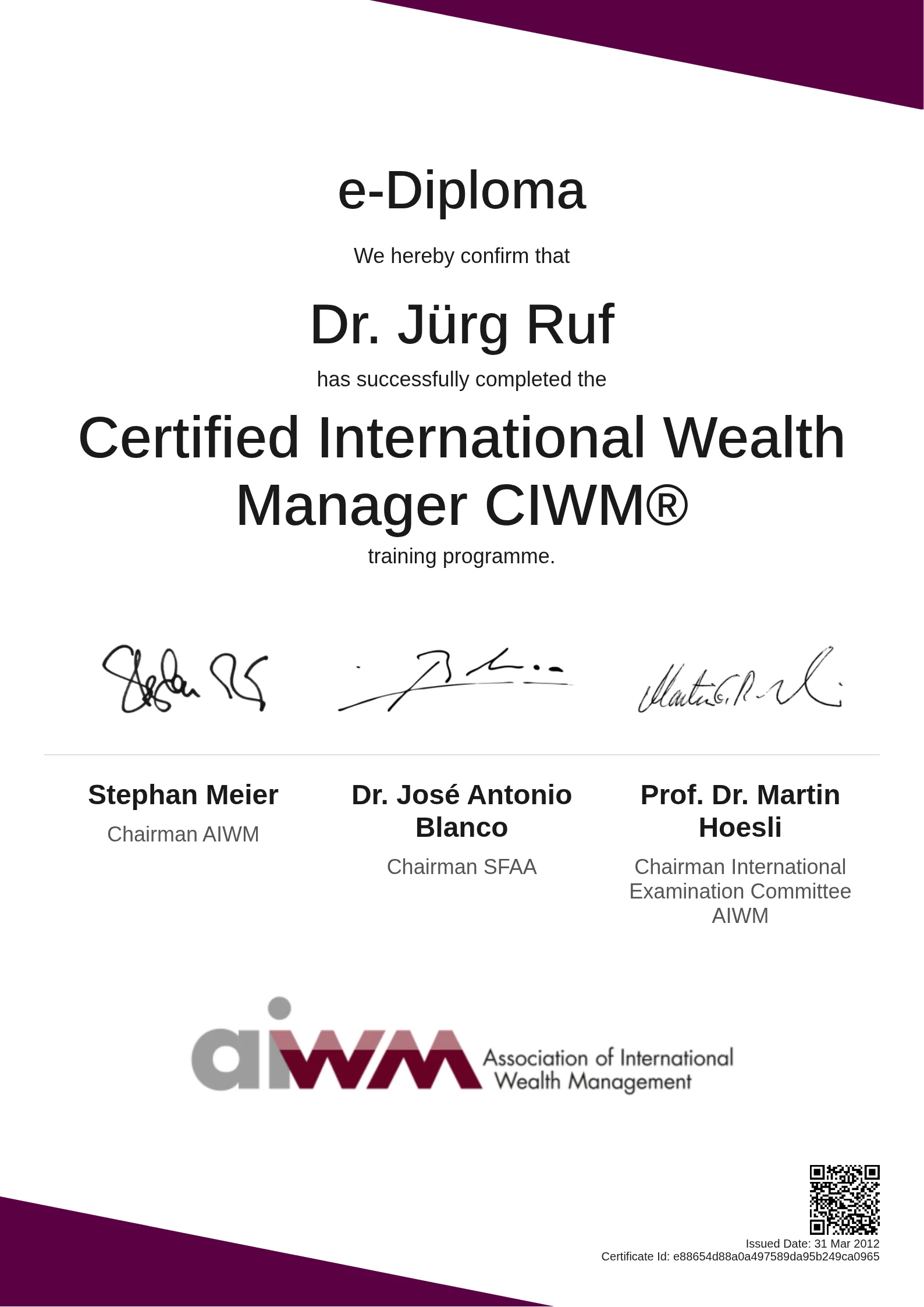 Dr. Jürg Ruf | Certified International Wealth Manager CIWM®