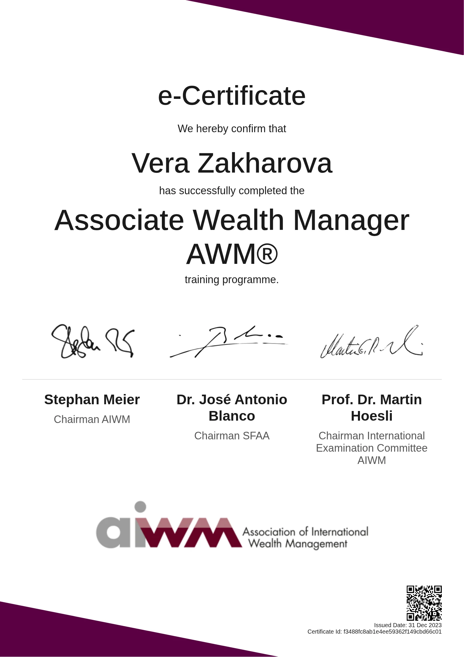  Vera Zakharova | Associate Wealth Manager AWM®
