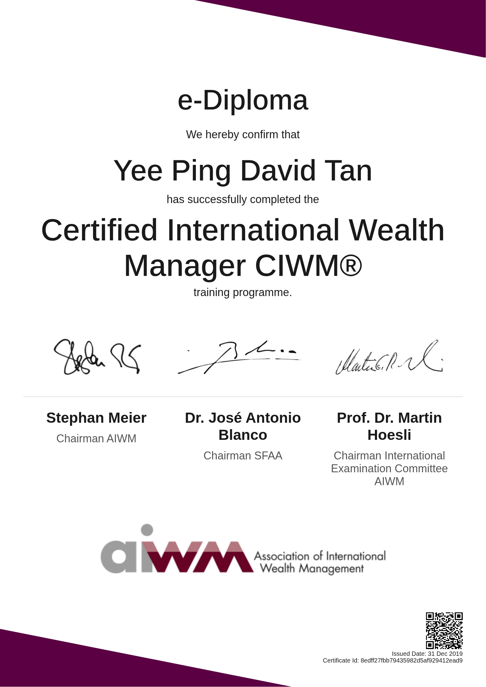 Yee Ping David Tan | Certified International Wealth Manager CIWM®