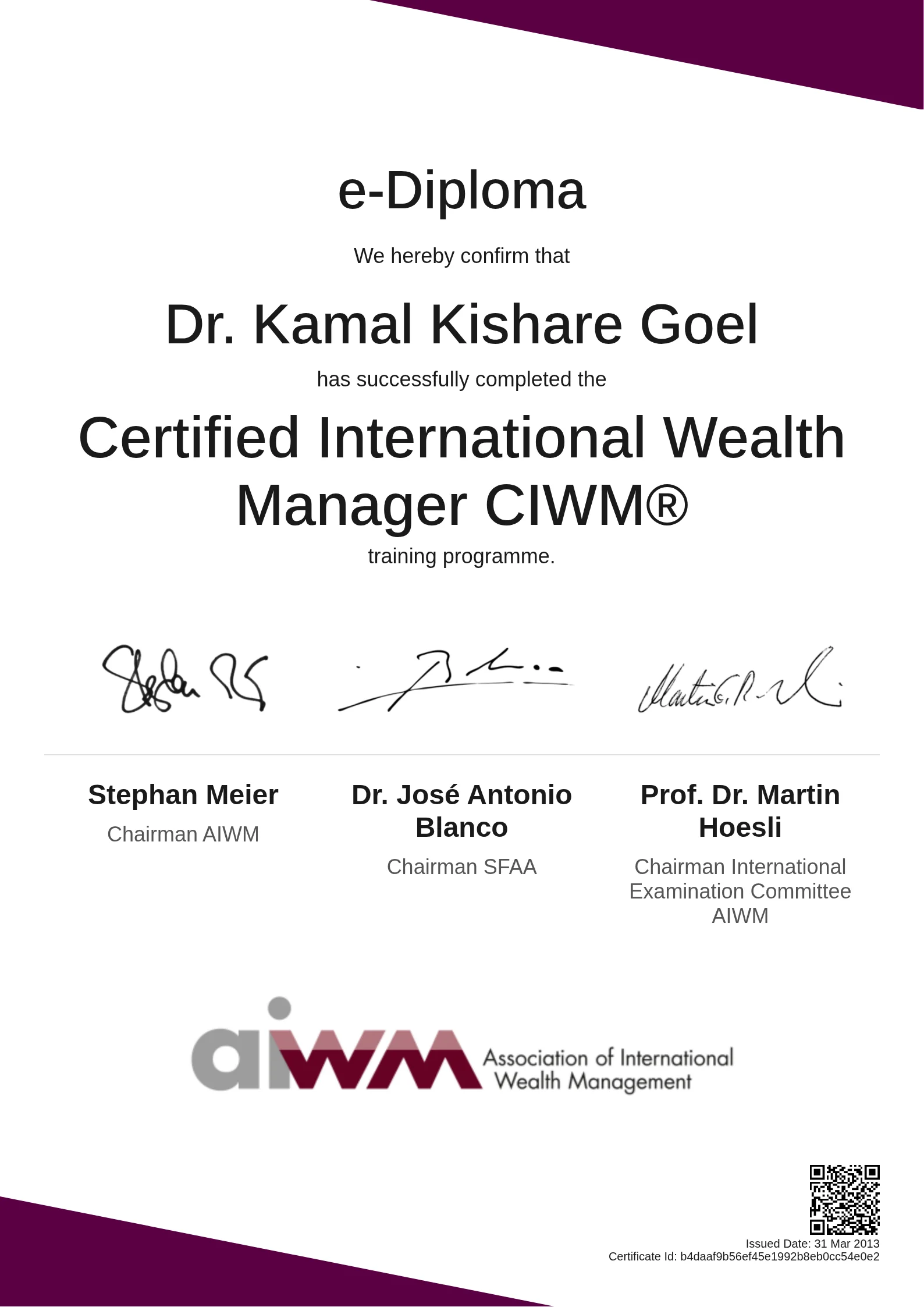 Dr. Kamal Kishare Goel | Certified International Wealth Manager CIWM®