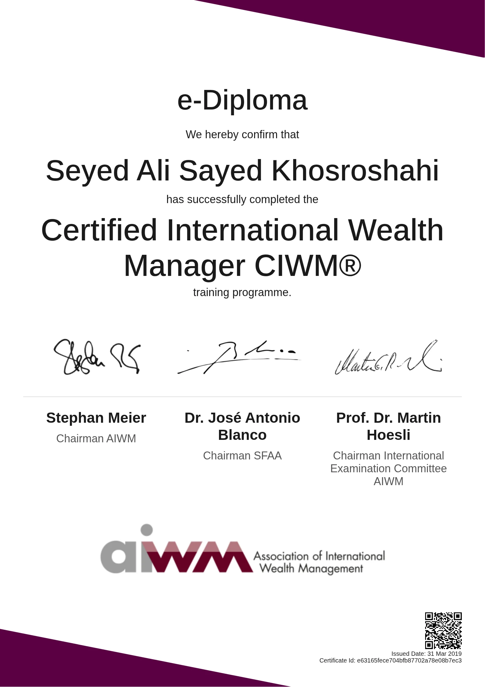 Seyed Ali Sayed Khosroshahi | Certified International Wealth Manager CIWM®