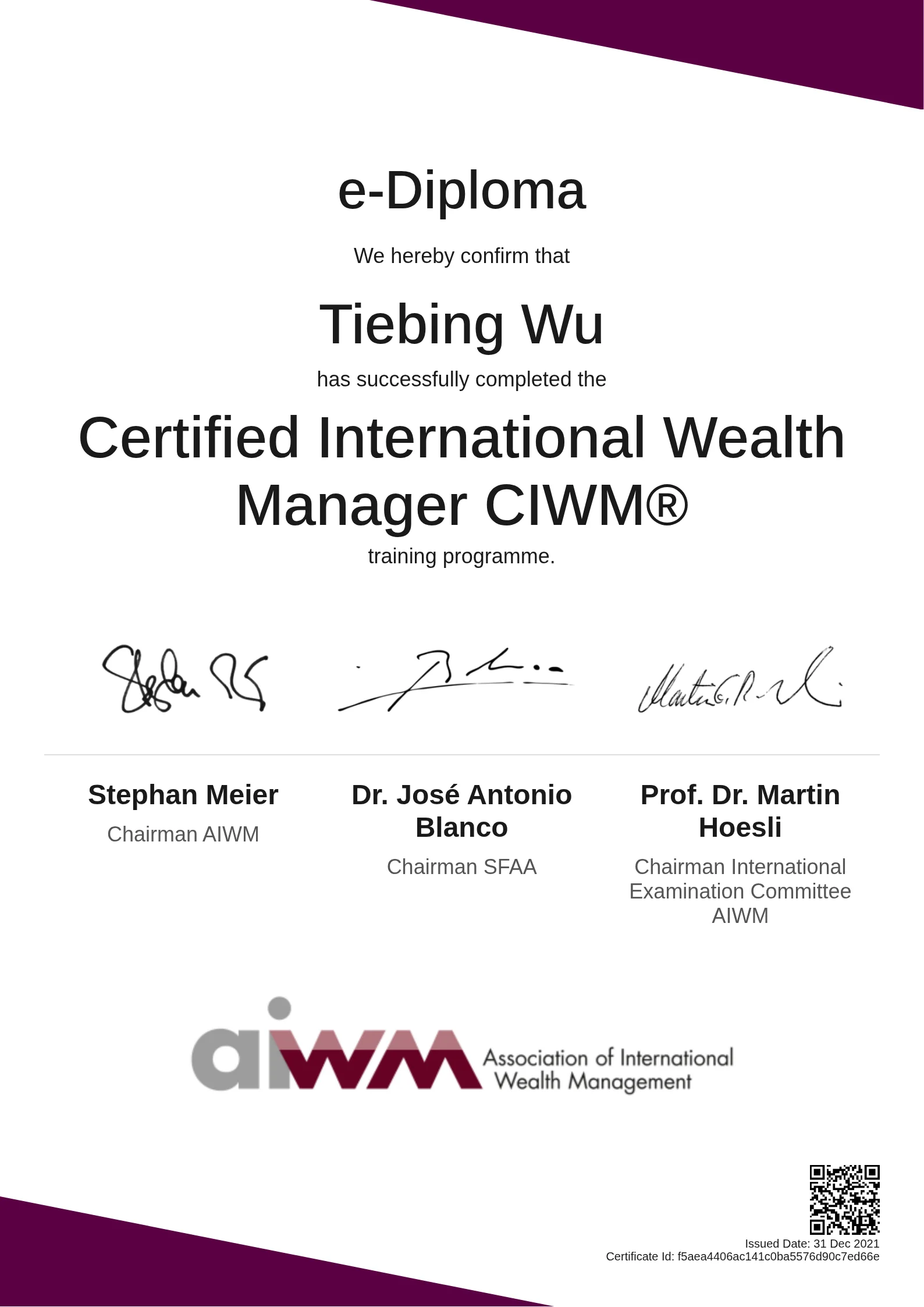  Tiebing Wu | Certified International Wealth Manager CIWM®